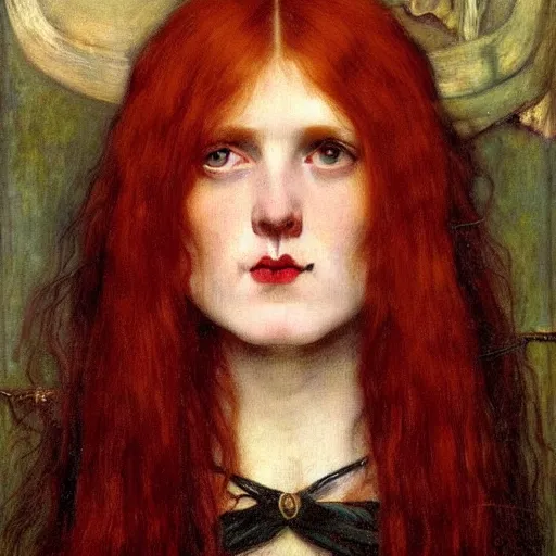 Prompt: A striking Pre-Raphaelite witch with intense eyes and red hair, oil on canvas, insane detail, by John Collier, by John William Waterhouse