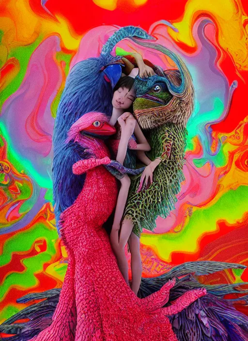 Prompt: hyper detailed 3d render like a Oil painting - kawaii portrait of jejune lovers embrace holding each other Aurora (a beautiful girl skeksis muppet fae princess protective playful expressive acrobatic from dark crystal that looks like Anya Taylor-Joy) seen red carpet photoshoot in UVIVF posing in scaly dress to Eat of the Strangling network of yellowcake aerochrome and milky Fruit and His delicate Hands hold of gossamer polyp blossoms bring iridescent fungal flowers whose spores black the foolish stars by Jacek Yerka, Ilya Kuvshinov, Mariusz Lewandowski, Houdini algorithmic generative render, golen ratio, Abstract brush strokes, Masterpiece, Victor Nizovtsev and James Gilleard, Zdzislaw Beksinski, Mark Ryden, Wolfgang Lettl, hints of Yayoi Kasuma and Dr. Seuss, Grant Wood, octane render, 8k