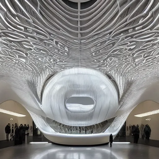 Image similar to extremely detailed ornate stunning beautiful elegant futuristic museum lobby interior by Zaha Hadid