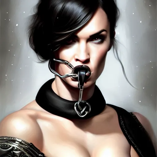 Image similar to portrait of megan fox with ball gag, muscular upper body, collar, greek, jewelry, black dress, fantasy, intricate, elegant, highly detailed, digital painting, artstation, concept art, matte, sharp focus, illustration, art by aenaluck and roberto ferri and greg rutkowski, epic fantasy, digital painting