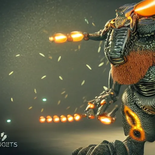 Image similar to highly detailed octane render of giant glowing insects chasing short fat men with giant beards who each hold a gun and wear armour. Depth of field