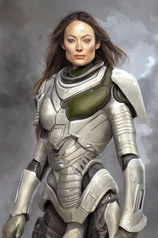 Image similar to a professional painting of a young Olivia Wilde, clothes in military armor, olive skin, long dark hair, beautiful bone structure, symmetrical facial features, intricate, elegant, digital painting, concept art, smooth, sharp focus, illustration, from StarCraft by Ruan Jia and Mandy Jurgens and Artgerm and William-Adolphe Bouguerea