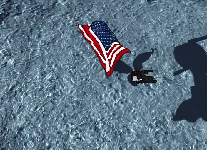 Prompt: astronaut underwater putting a flag in the sand of the bottom of the ocean. there is a submarine that looks like a rocket in the distance. dark, concept art, cinematic, dramatic, atmospheric, 8 k, trending on artstation, low visibility, zack snyder