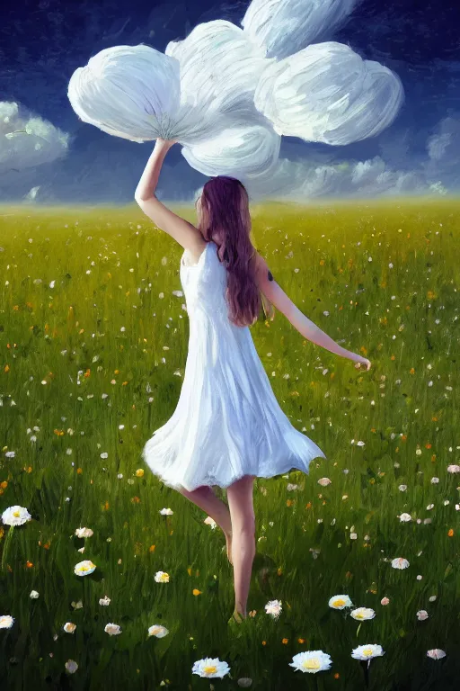 Image similar to giant white daisy flower as head, girl dancing in a flower field, surreal photography, sunrise, dramatic light, impressionist painting, colorful clouds, digital painting, artstation, simon stalenhag