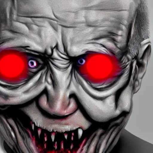 Image similar to hyper realistic terror photo Doom horror furious glowing red eyes biden