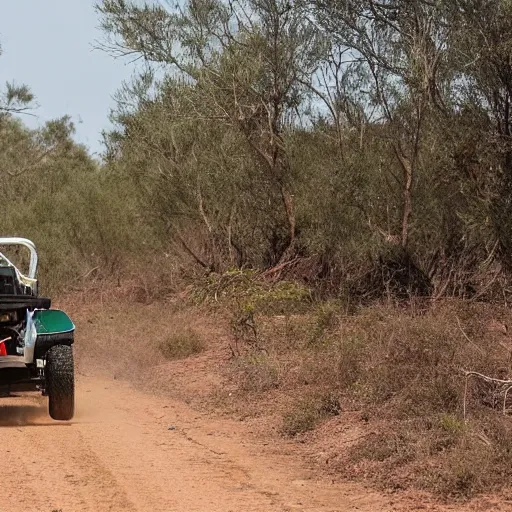 Image similar to nn off road buggy drives towards the viewer along a forest dirt track. the vegetation is sparse scrub. the driver is male and smiling. the buggy has an open frame build with mounted search lights. the sky is cloudy and dust is being thrown up by the buggy's wheels