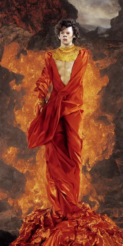 Prompt: young Harry Styles wearing a firey red and orange tissue paper with a golden crown and a black prince tuxedo by Prada. bubbling pools of lava in the crater of a volcano. ethereal, fantasy, Lawrence Alma-Tadema, James Jean, oozium, peter morbacher, angelarium, alchemy, luxury, heavenly light, Soft illumination, Trending on artstation, Cinematic Lighting, very detailed, 3D, octane render, artgerm