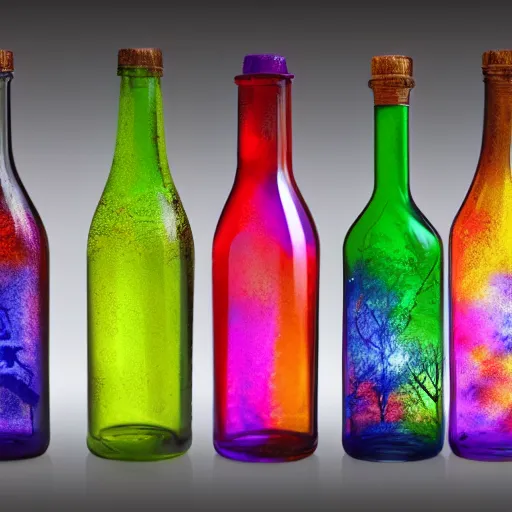 Prompt: Beautiful glass bottles with the multiverse inside. Fantasy. Super detail, 4k, wow, artstation trending.