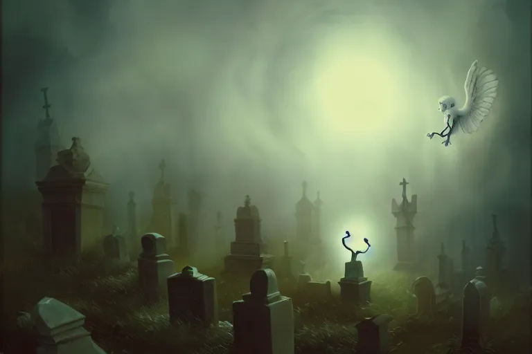 Image similar to casper the friendly ghost flying over a graveyard at midnight, playing with his ghost friends, cinestill, painted by james jean and gaston bussiere, very detailed and cute and cozy and transparent, backlight, fog, mist, trending on artstation