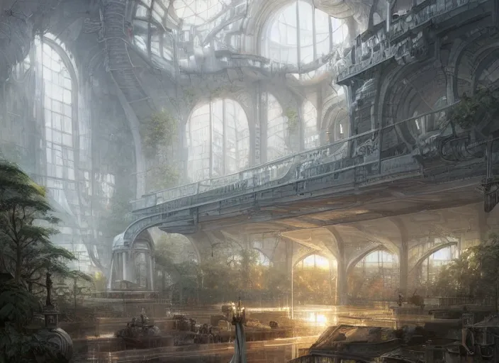 Prompt: Industrial Airship manufactory inside a beautiful elven city made of white marble, anime, lush trees, fountain, a fantasy digital painting by Greg Rutkowski and James Gurney, trending on Artstation, highly detailed