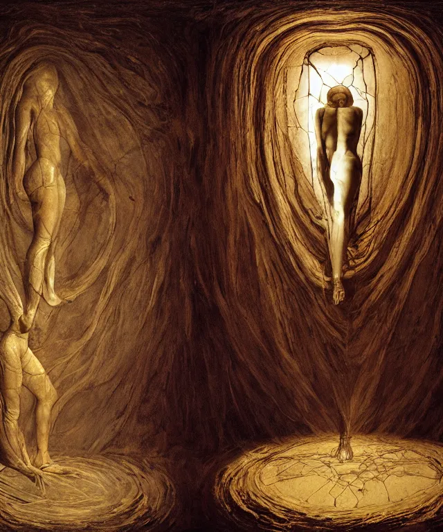 Image similar to The transparent room without doors and windows with beautiful full-body wax sculpture of the glowing transparent woman with visible golden bones inside her in the singularity where stars becoming baroque folds of dark matter by Michelangelo da Caravaggio, Nicola Samori, William Blake, Alex Grey and Beksinski, dramatic volumetric lighting, super detailed oil painting, 8k, masterpiece