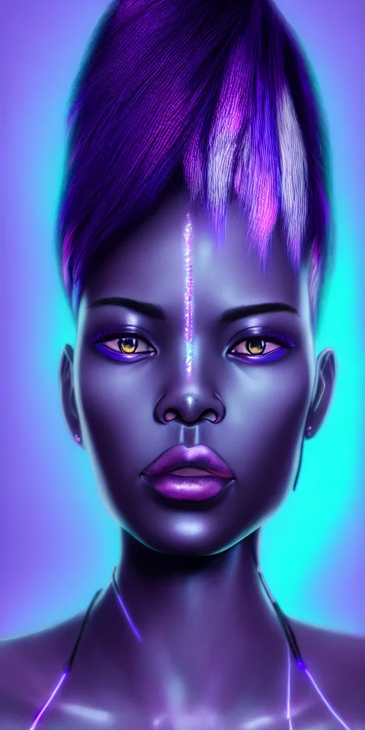 Prompt: hyperrealistic intricate close-up of beautiful african woman with purple hair and pearlescent blue skin james paick machiej kuciara dramatic neon lighting on one side