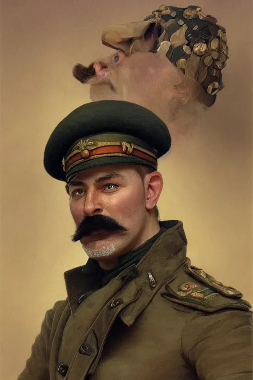 Prompt: portrait photo of russian man in khaki military tunic wearing papakha with black moustache and shaved chin holding a blue lightsaber, no beard, handsome, highly detailed, digital painting, artstation, concept art, smooth, sharp focus, illustration, art by gaston bussiere and alphonse mucha