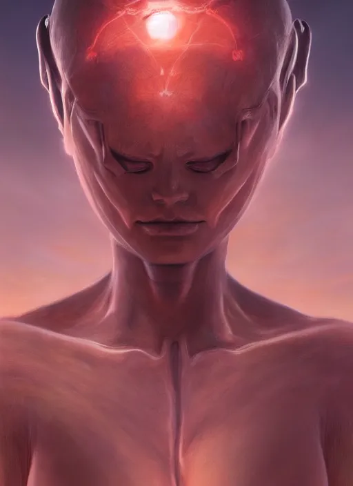 Prompt: biblical female android, glowing veins, in clouds, sunset, big eyes, portrait by wayne barlowe, studio lighting, muted colors, by frank frazetta, extreme detail, reflections, trending on artstation, 8 k