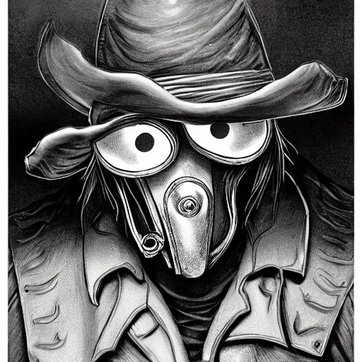 Image similar to a portrait of a plague doctor gunslinger, dark fantasy, horror, western, hell, ultrafine detailed pencil digital art by frank frazetta and vito acconci and and takeshi obata, death note style, symetric body, cgsociety, sharp focus, detailed face