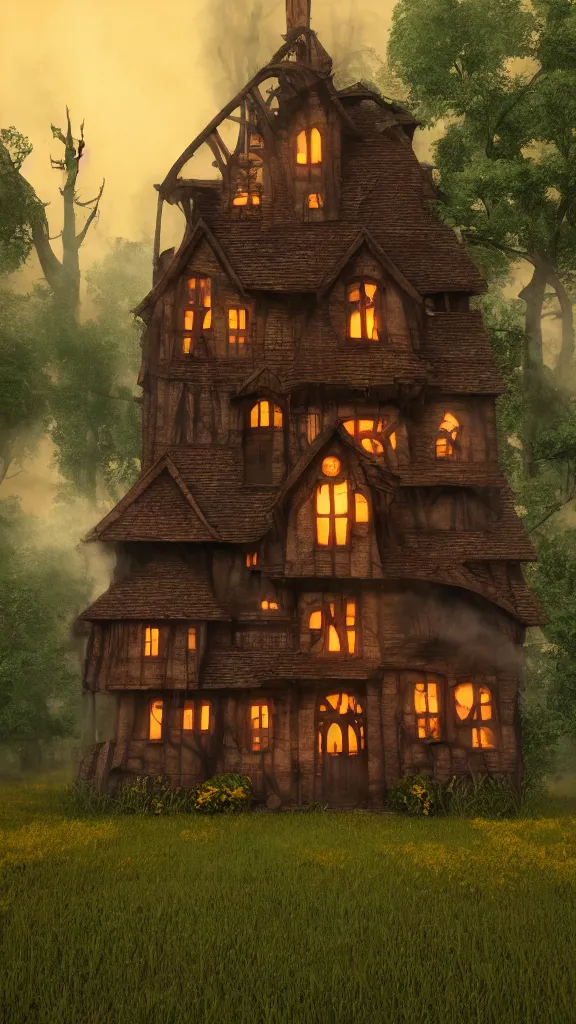 Image similar to fabricate an old witch house in style of wizard of oz, lots of smoke, gloomy, soft yellow red, atmosphere, rooftop smoking,, cinematic, unreal engine, golden ratio, cosmic horror, realistic, photorealistic. realistic, 8 k octanerender