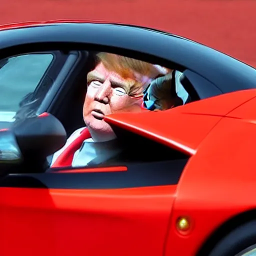 Image similar to a caveman driving a red ferrari is being chased by donald trump driving a police car