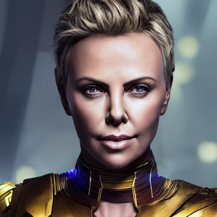 Prompt: portrait of ((Charlize Theron)), wearing The Infinity Gauntlet. SNAP. intricate artwork. octane render, trending on artstation, very coherent symmetrical artwork. avengers. thanos. cinematic, hyper realism, high detail, octane render, 8k, iridescent accents