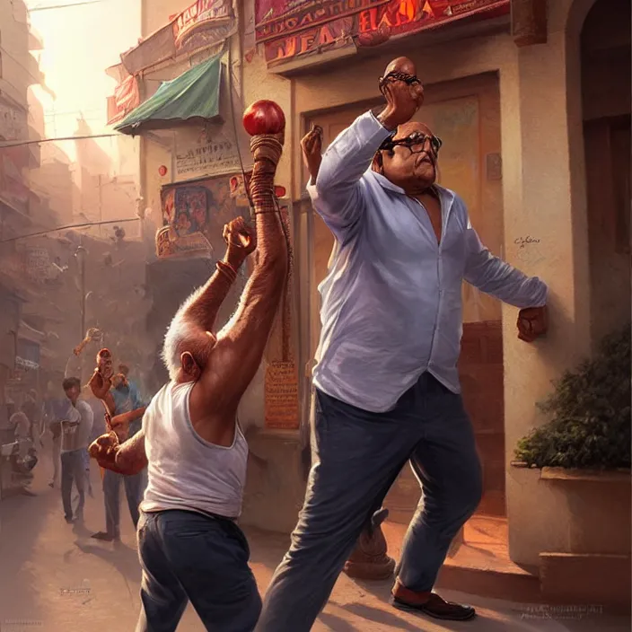 Image similar to portrait of tall indian man punching danny devito outside a bar, elegant, real life skin, intricate artwork, high detailed, artstation, concept art, smooth, sharpz focus, art by artgerm and greg rutkowski