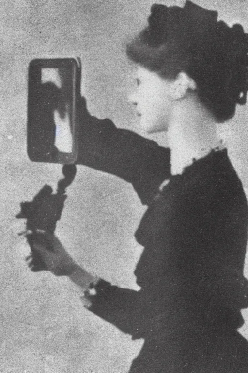 Prompt: 1 9 0 0 s photo of a person taking a selfie with an iphone photo grain double scratches dust exposure masterpiece