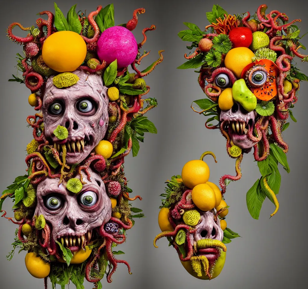 Image similar to headshot of a trickster nature zombie, head made of fruit and flowers in the style of arcimboldo, made by matthew ritchie, covered with tentacles and amoebas, oil painting, ethereal, atmospheric lighting, action figure, clay sculpture, claymation, gray pink and yellow, botanical rainbow backdrop