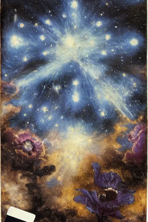 Image similar to intricate beautiful blue, black and purple papaver, nebula in the sky, 1 7 th century, holds playing cards, in card's player by sezanne, matte painting, renaissance painting