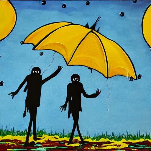 Prompt: painting of zombies walking in a blue sky, yellow raining