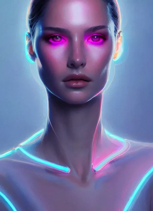 Image similar to portrait of european female humanoid, transparent clothing, elegant, cyber neon lights, highly detailed, digital illustration, trending in artstation, trending in pinterest, glamor pose, concept art, smooth, sharp focus, art by artgerm and greg rutkowski