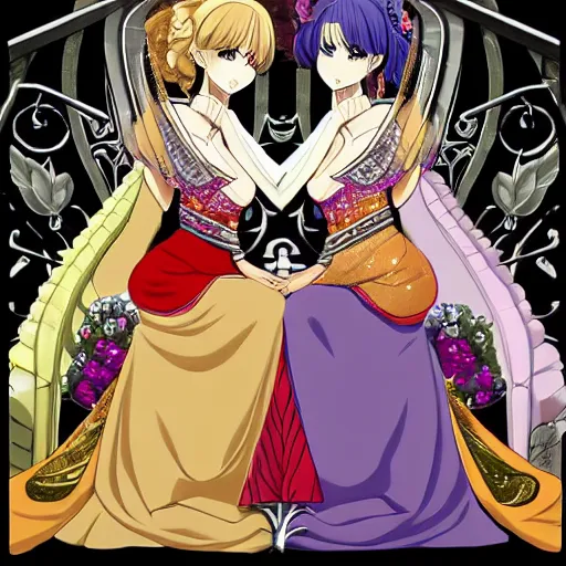 Prompt: a scene of two beautiful queens fighting over a throne, detailed anime art