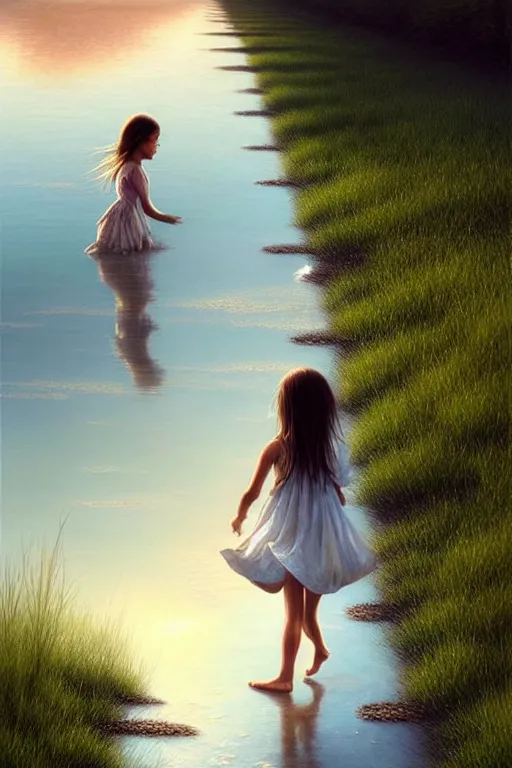 Prompt: a barefoot girl carries her shoes on reflective water and faintly visible submerged train tracks, water covers all the ground, large white clouds on a wide horizon, intricate, elegant, highly detailed, digital photo, artstation, concept art, smooth, sharp focus, low angle photo, art by artgerm and greg rutkowski and fra angelico