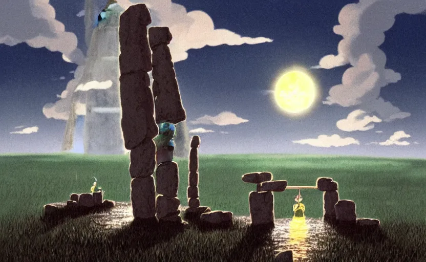 Prompt: a realistic cell - shaded studio ghibli concept art from paprika ( 2 0 0 6 ) of a flying multi - colored cube from close encounters of the third kind ( 1 9 7 7 ) and a grey long - haired witch in a flooded stonehenge on a misty starry night. very dull colors, wide shot, hd, 4 k, hq