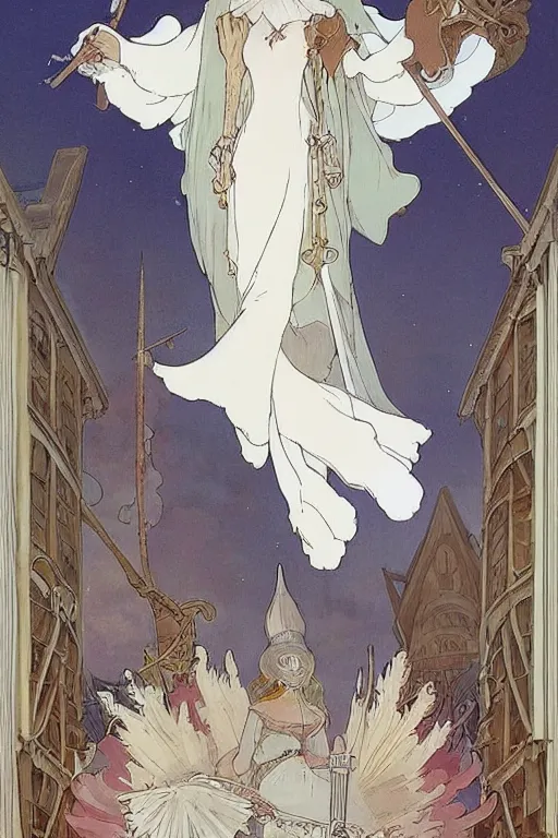 Image similar to A pure white witch wearing a giant hat flies through the skies of a fantasy medieval city on a broomstick by studio ghibli and mucha