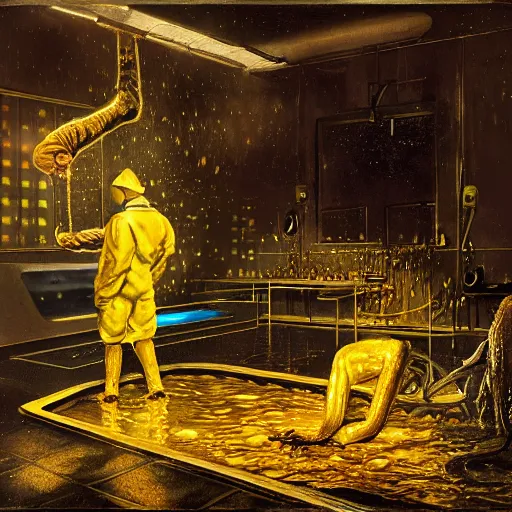 Image similar to realistic coubert dark hi-tech sci-fi lab at night, realistic gustave coubert painting a hideous and sick human exposed guts crawling in two legs and dripping golden metalic fluid from intestine into a pool of golden liquid on the floor. Smokey atmosphere