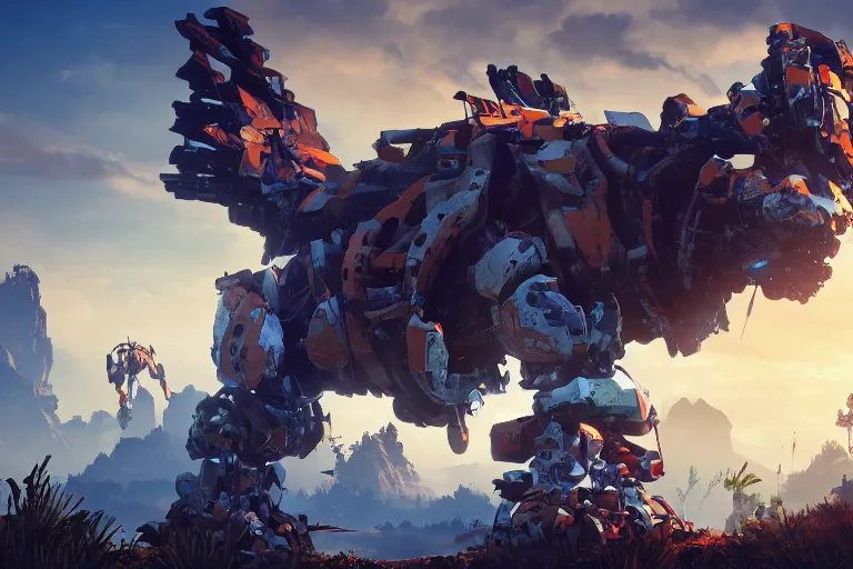 Image similar to scrapper machine mecha animal beast robot of horizon forbidden west horizon zero dawn bioluminiscence global illumination ray tracing hdr fanart arstation by sung choi and eric pfeiffer and gabriel garza and casper konefal