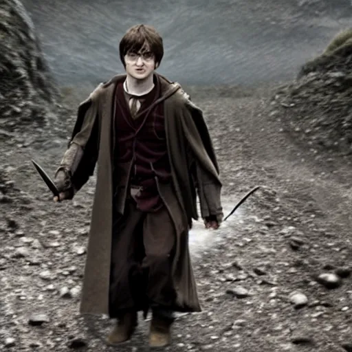 Image similar to daniel radcliffe as harry potter walking, in mordor from lord of the rings