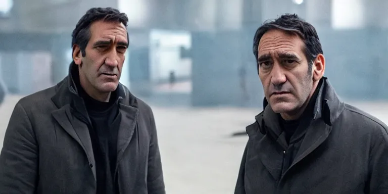 Prompt: still frame from director Denis Villeneuve\'s new movie, medium shot of two men, Clive Owen on the right arguing with george clooney on the left, sci-fi, alexa 65, cooke prime 50mm, cinematic, film grain, flare