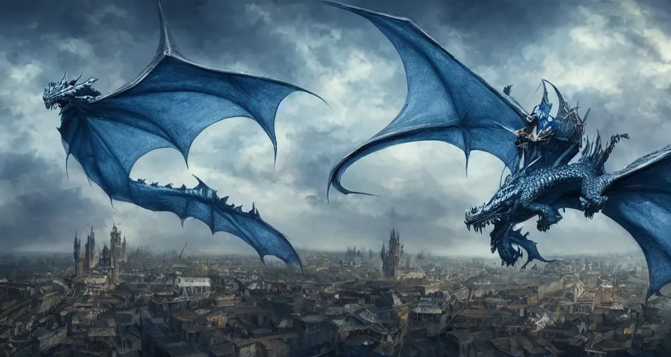 Image similar to single large dragon flying over medieval city, in style of artgerm and charlie bowater, 8k, hyper detailed, cold blue tones