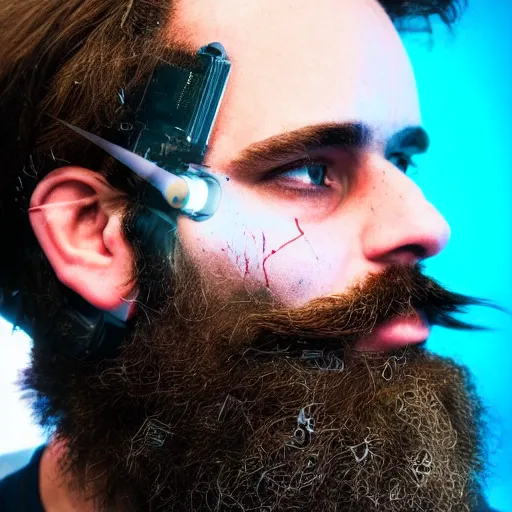 Image similar to Beautiful Photo of Arduino Uno in the robot's head. cyborg beard man profile view. Cyberpunk. splatterpunk. 4K