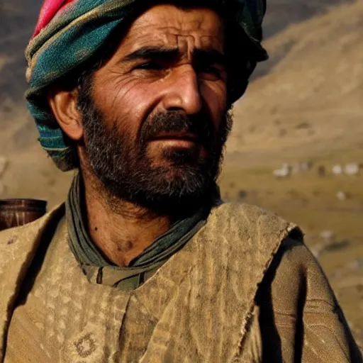 Image similar to Close up of a Kurdish shepherd wearing Kurdish clothes in a movie directed by Christopher Nolan, movie still frame, promotional image, imax 70 mm footage