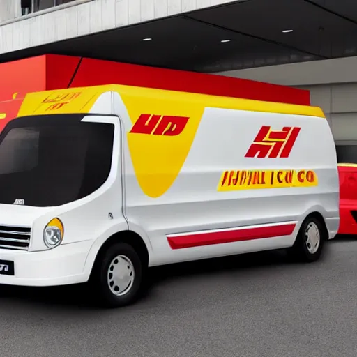 Prompt: A white commercial van designed and produced by Ferrari, with DHL livery promotional photo