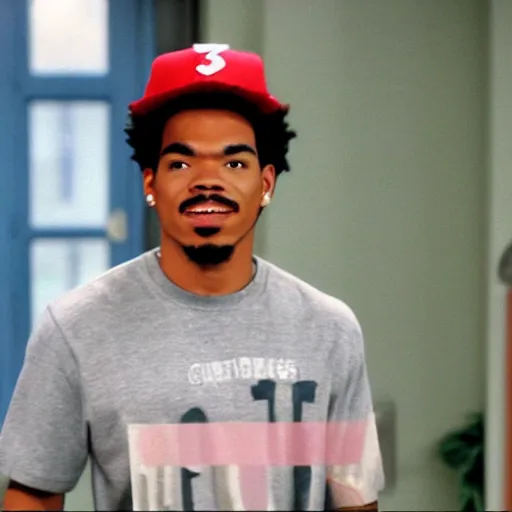 Image similar to a tv still of Chance The Rapper starring as a black college student at Jones College Prep in a 1993 sitcom