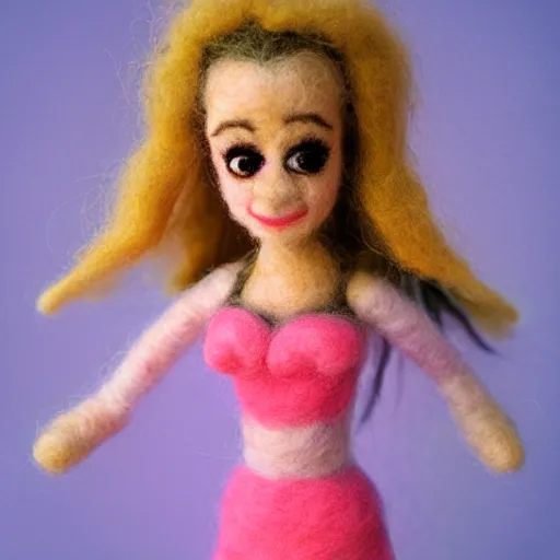 Image similar to needle felted alicia silverstone as cher from the movie clueless (1995), highly detailed, tilt shift, cozy, hyperrealism, highly textured, god rays, action pose