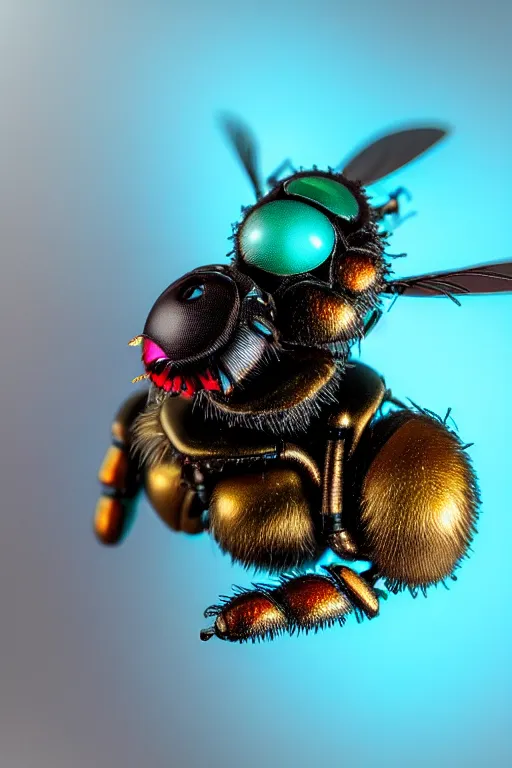 Image similar to high quality macro robot warrior metallic tachinid fly! gorgeous highly detailed hannah yata elson peter cinematic turquoise lighting high quality low angle hd 8k sharp shallow depth of field