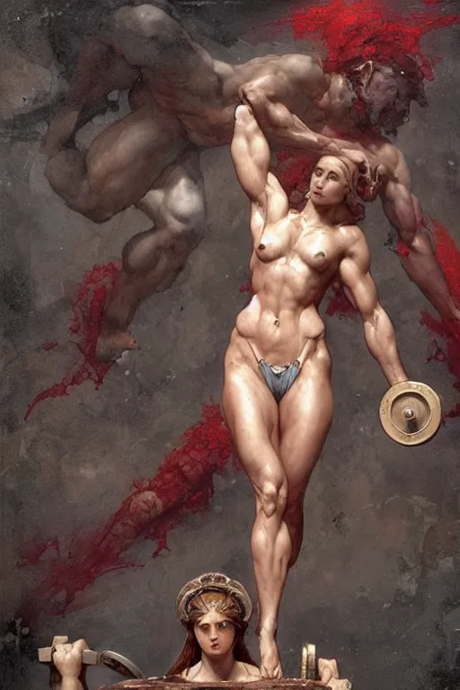 Image similar to muscular greek goddess, with her foot on top of a pile of dumbbells covered in blood - in the style of greg rutkowski, by Gustave Doré, by Marco Turini, by Artgerm, Deviantart in the style of Tom Bagshaw, Cedric Peyravernay, Peter Mohrbacher by William-Adolphe Bouguereau,4k,