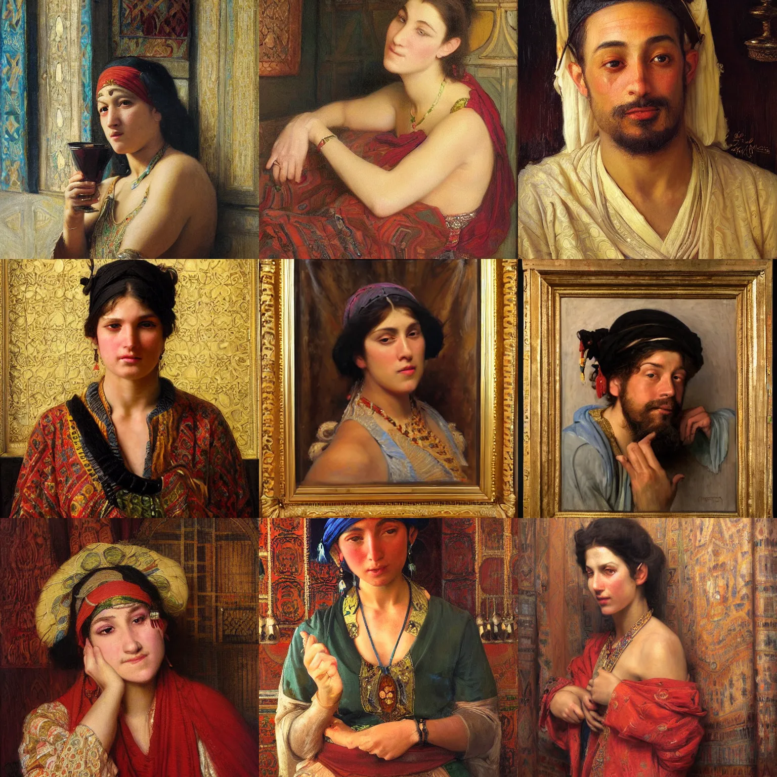 Prompt: orientalism drunk face portrait by Edwin Longsden Long and Theodore Ralli and Nasreddine Dinet and Adam Styka, masterful intricate art. Oil on canvas, excellent lighting, high detail 8k