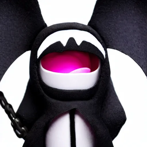 Image similar to close up potrait of an adorable grim reaper plush with black evil eyes, bat wings and venom's mouth, 4k, digital art, no artifacts, the whole image has a soft blur ethereal glow, yin yang symbols are on the background