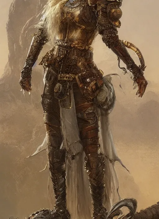 Image similar to highly detailed steampunk armor on a blond who is standing on a rock : leonardo da vinci, greg rutkowski, magali villeneuve