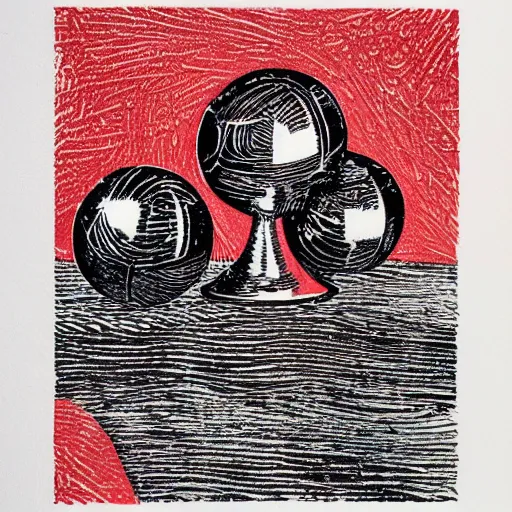 Prompt: chrome spheres on a red cube, linocut