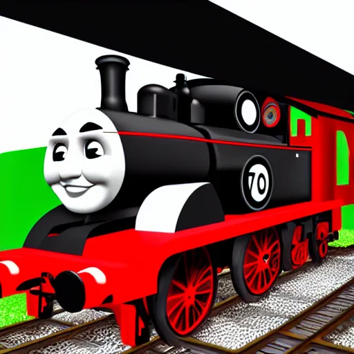 Image similar to photo realistic black and red thomas the tank engine with a white face going fast