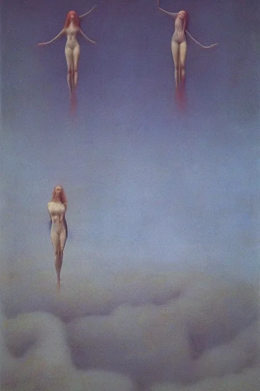Image similar to zdzisław beksinski oil painting. women floating in the sky, disturbing, unsettling, intricate, beautiful